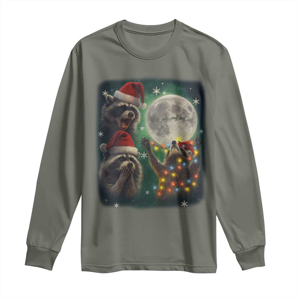 Funny Three Raccoons With The Moon Christmas Long Sleeve Shirt Santa Sleigh - Wonder Print Shop