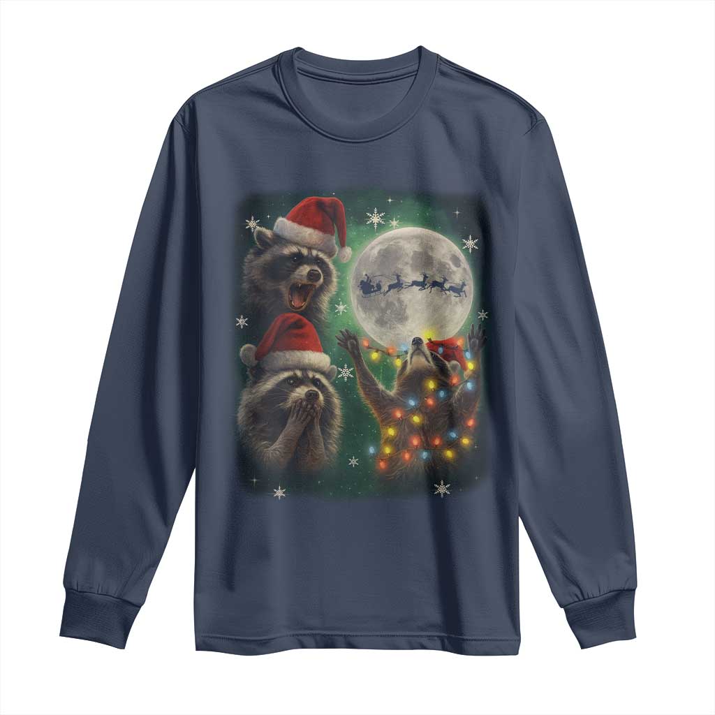 Funny Three Raccoons With The Moon Christmas Long Sleeve Shirt Santa Sleigh - Wonder Print Shop