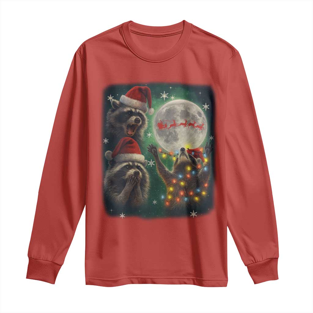 Funny Three Raccoons With The Moon Christmas Long Sleeve Shirt Santa Sleigh - Wonder Print Shop