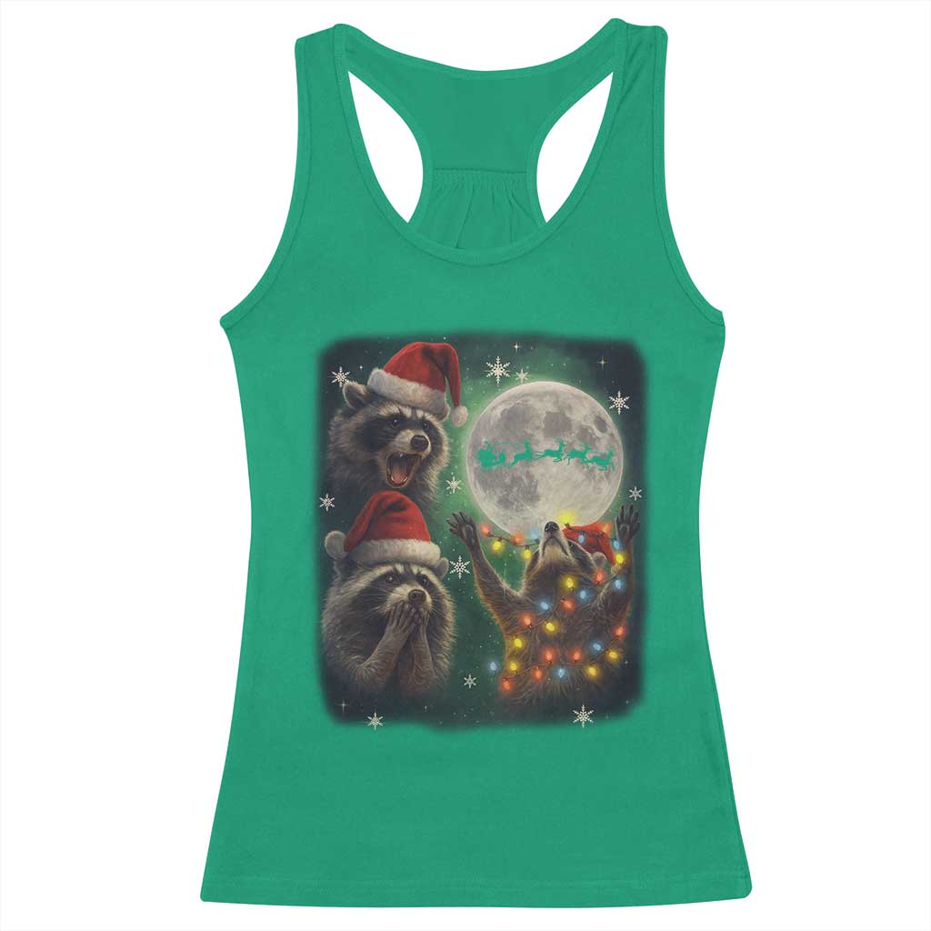 Funny Three Raccoons With The Moon Christmas Racerback Tank Top Santa Sleigh - Wonder Print Shop