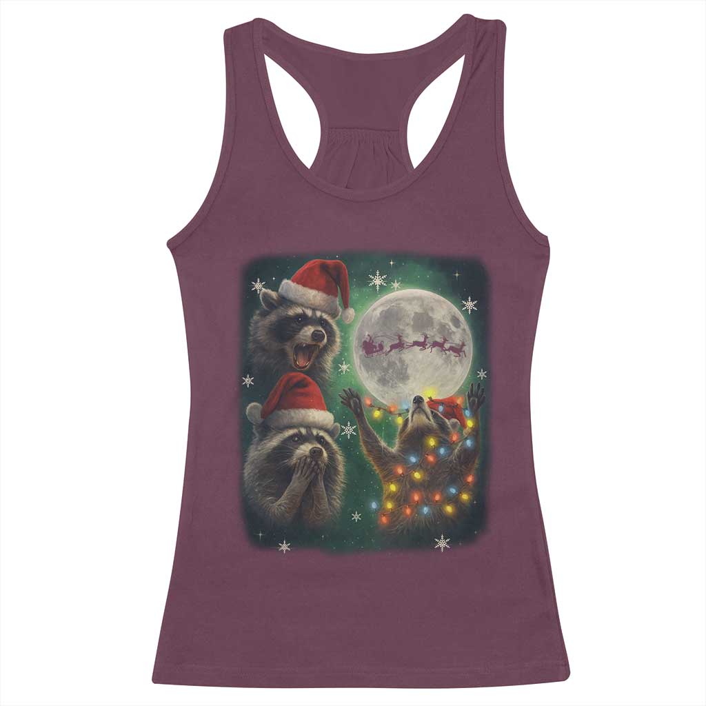 Funny Three Raccoons With The Moon Christmas Racerback Tank Top Santa Sleigh - Wonder Print Shop