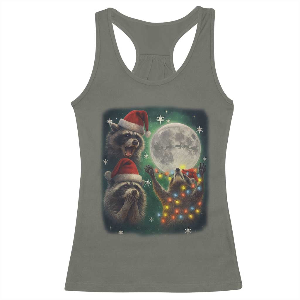Funny Three Raccoons With The Moon Christmas Racerback Tank Top Santa Sleigh - Wonder Print Shop