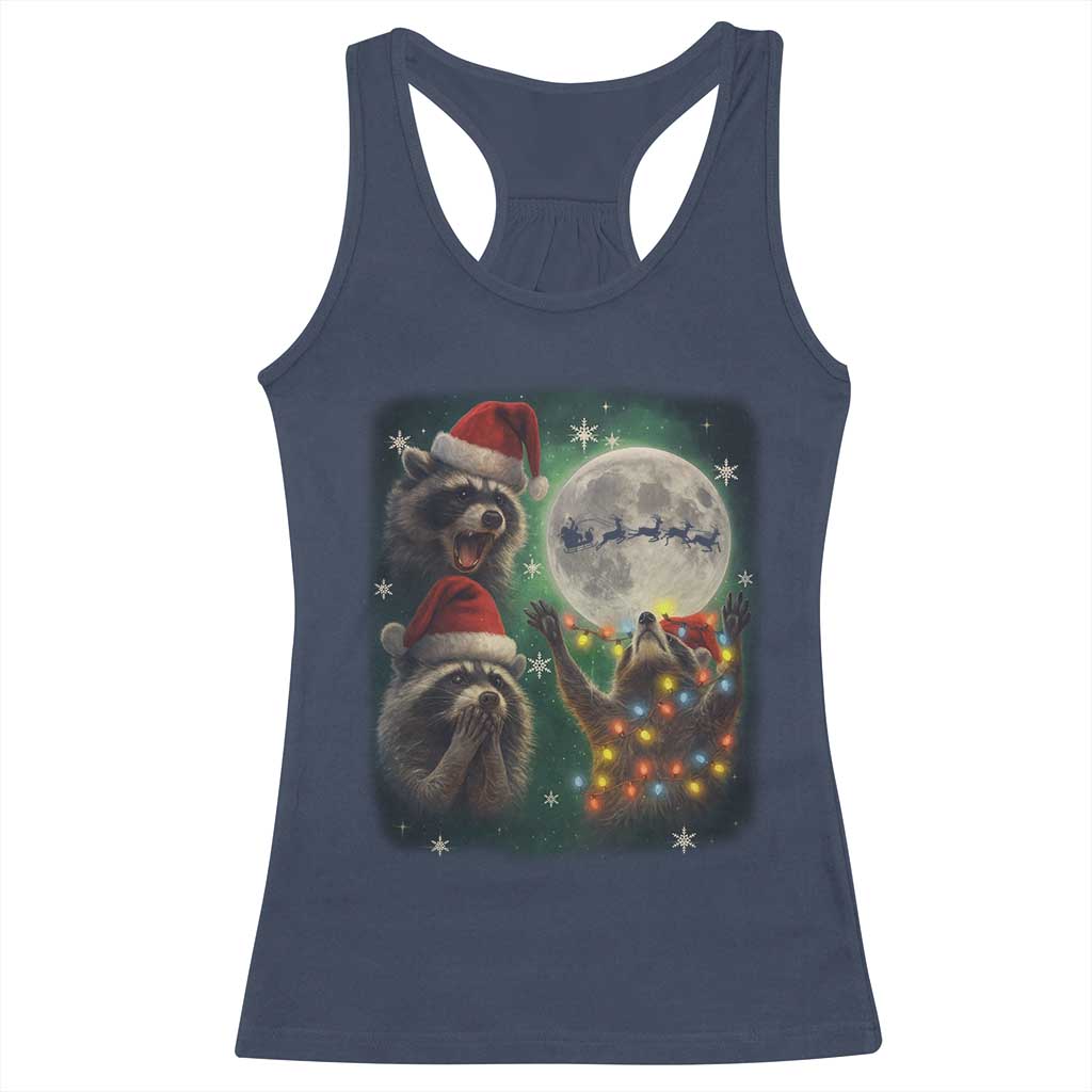 Funny Three Raccoons With The Moon Christmas Racerback Tank Top Santa Sleigh - Wonder Print Shop