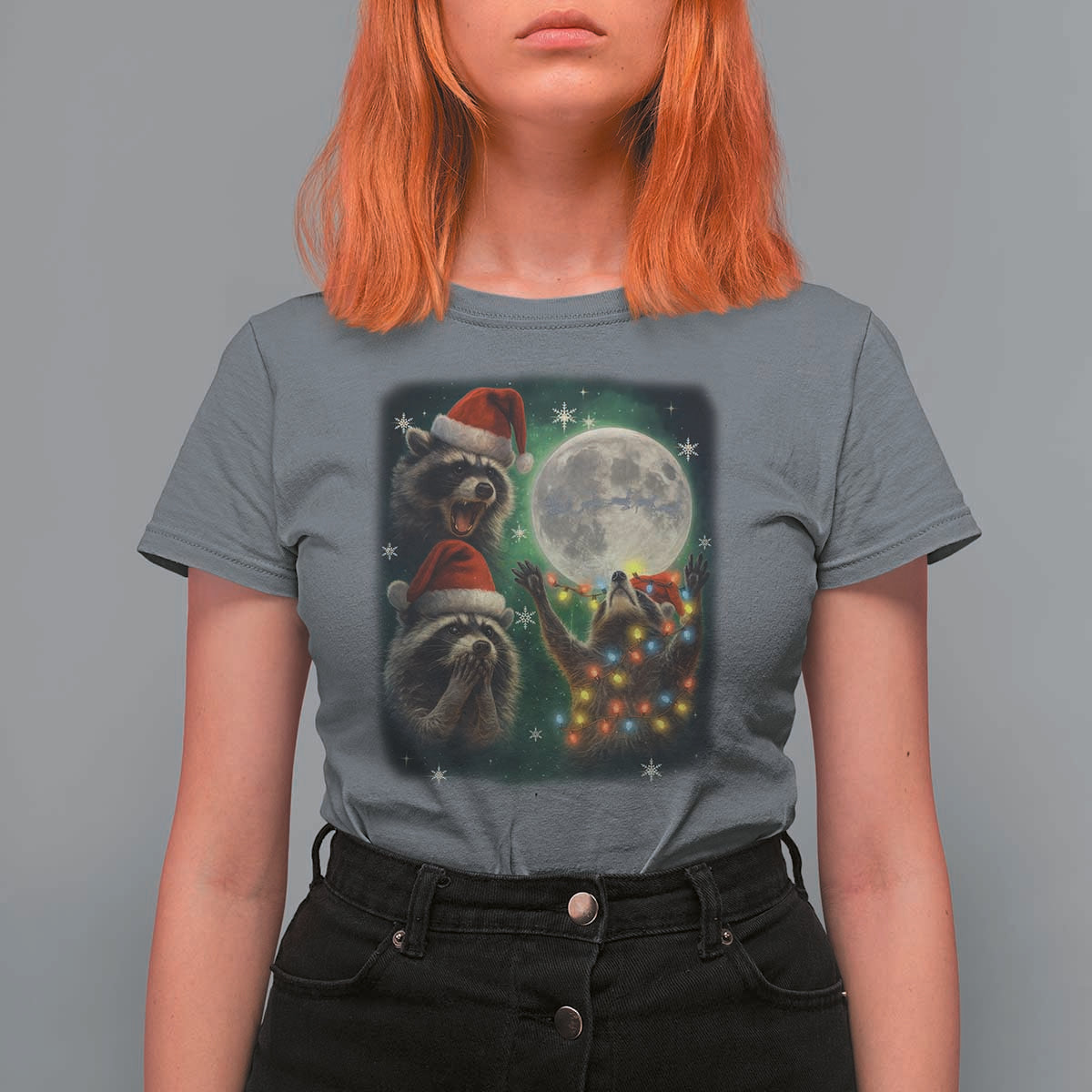 Funny Three Raccoons With The Moon Christmas T Shirt For Women Santa Sleigh - Wonder Print Shop
