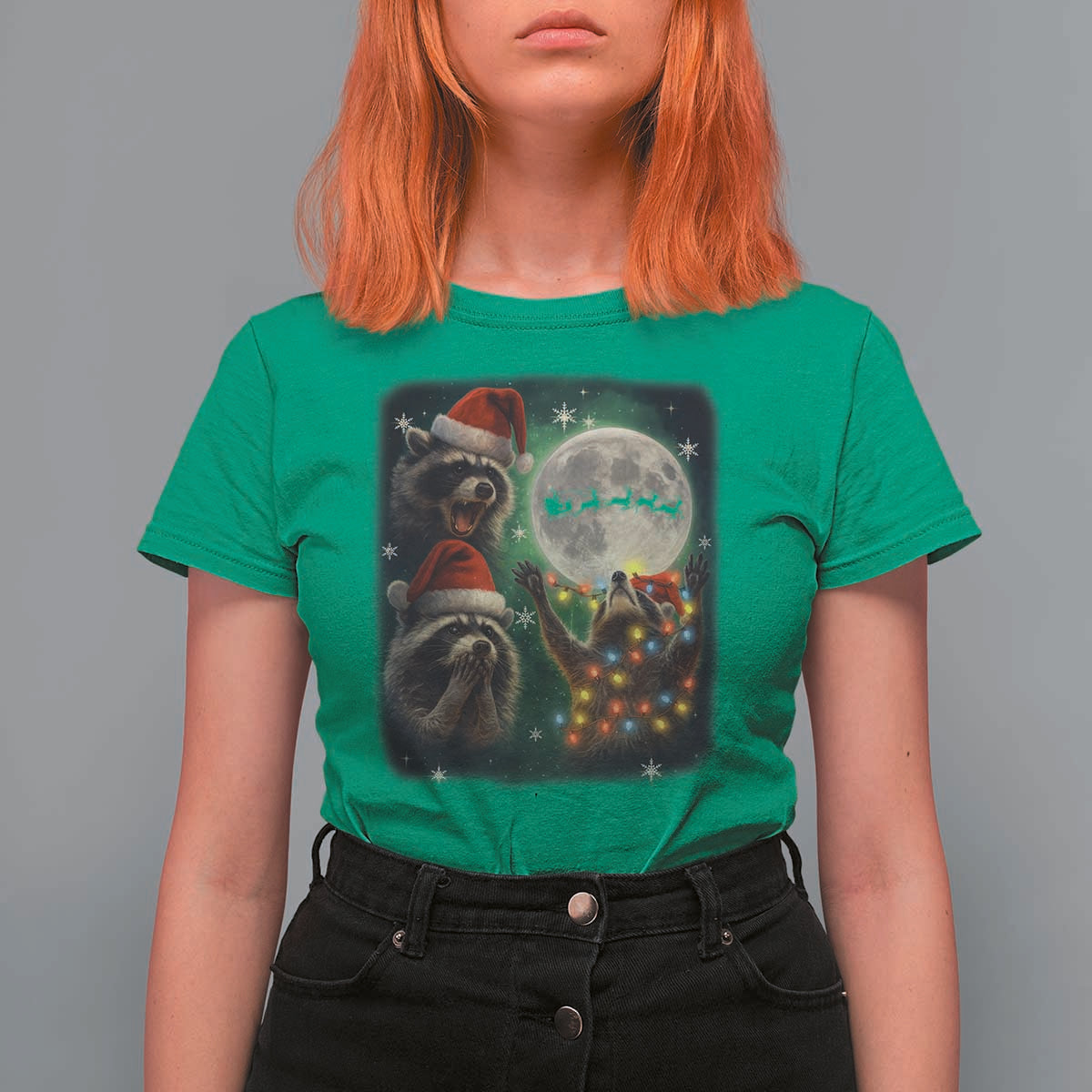 Funny Three Raccoons With The Moon Christmas T Shirt For Women Santa Sleigh - Wonder Print Shop