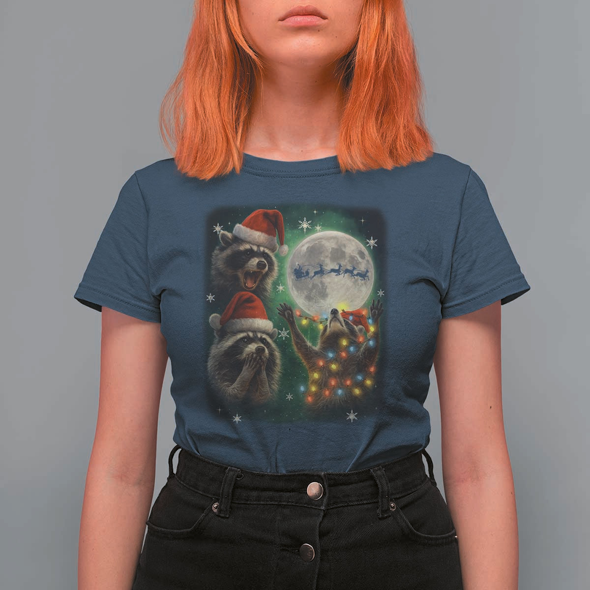Funny Three Raccoons With The Moon Christmas T Shirt For Women Santa Sleigh - Wonder Print Shop