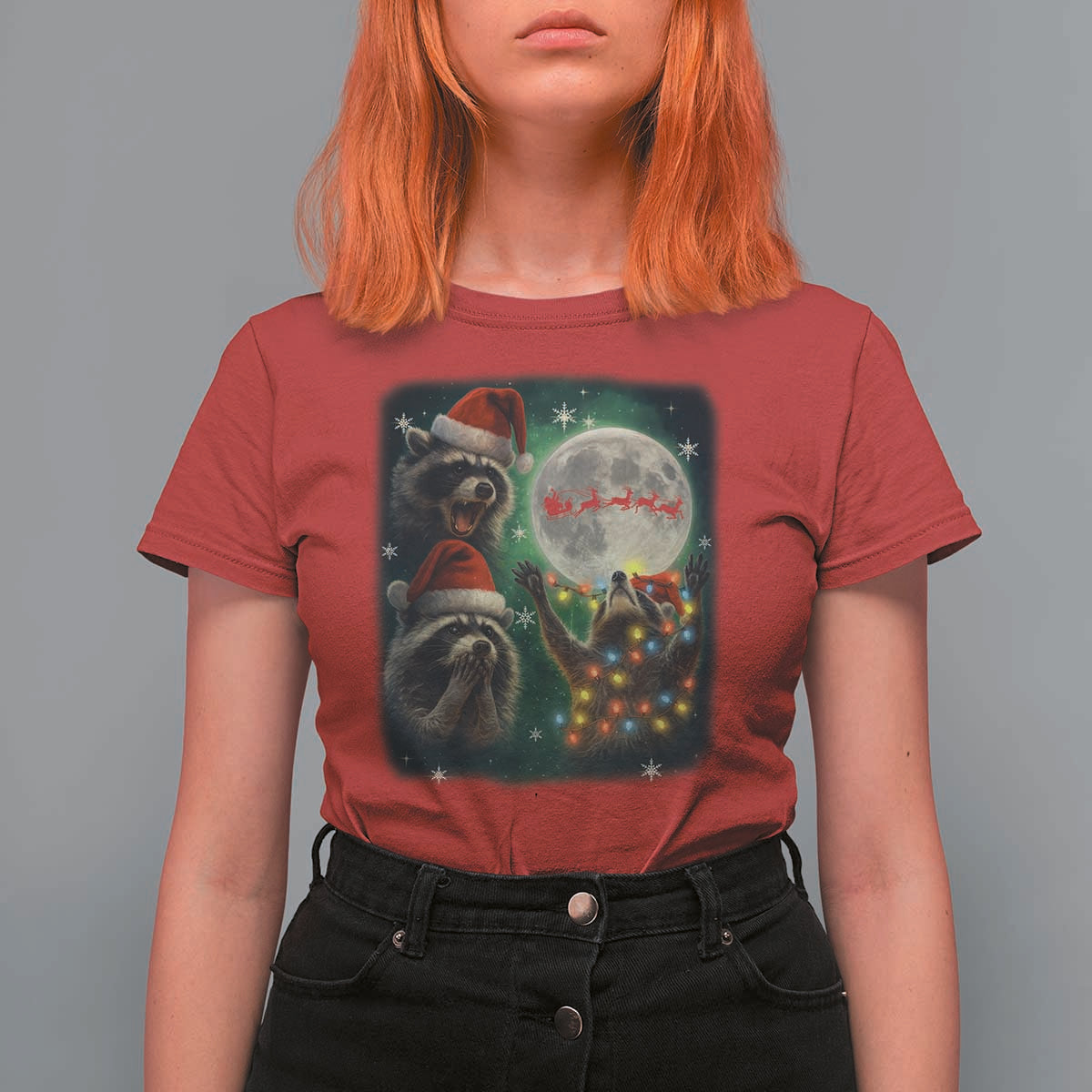 Funny Three Raccoons With The Moon Christmas T Shirt For Women Santa Sleigh - Wonder Print Shop