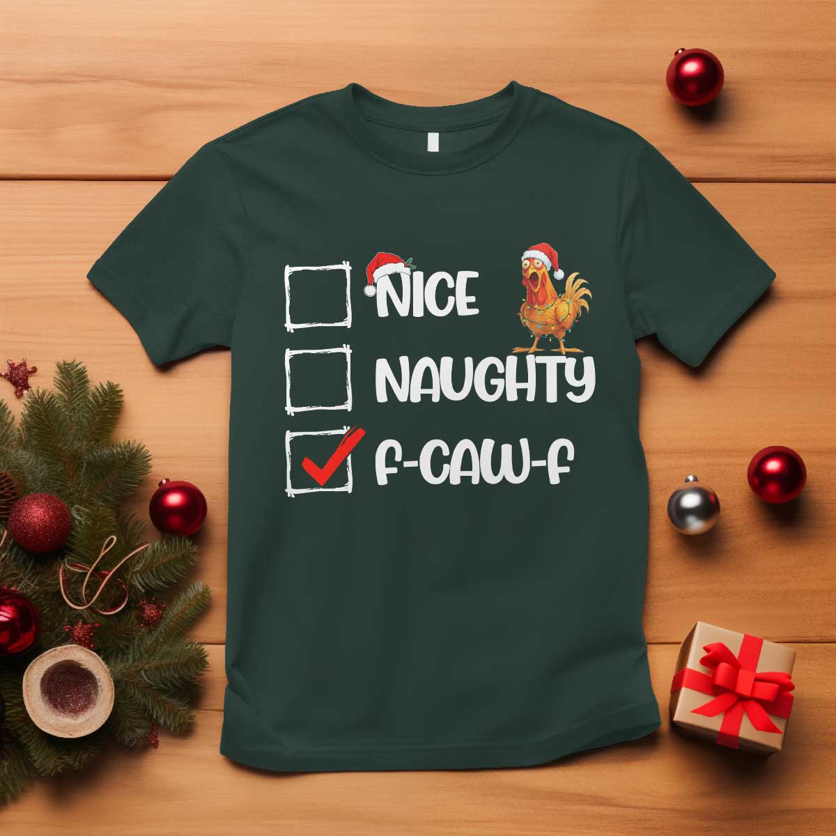 Funny F Caw F Chicken Christmas T Shirt Nice Naughty Cartoon Rooster Poultry Animal - Wonder Print Shop