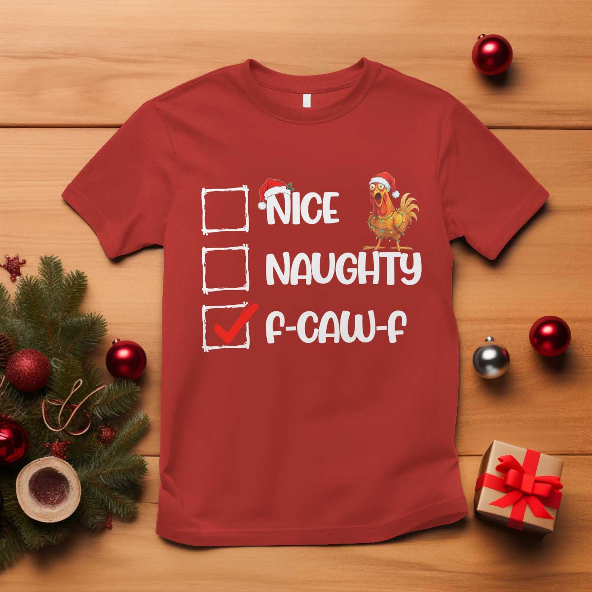 Funny F Caw F Chicken Christmas T Shirt Nice Naughty Cartoon Rooster Poultry Animal - Wonder Print Shop