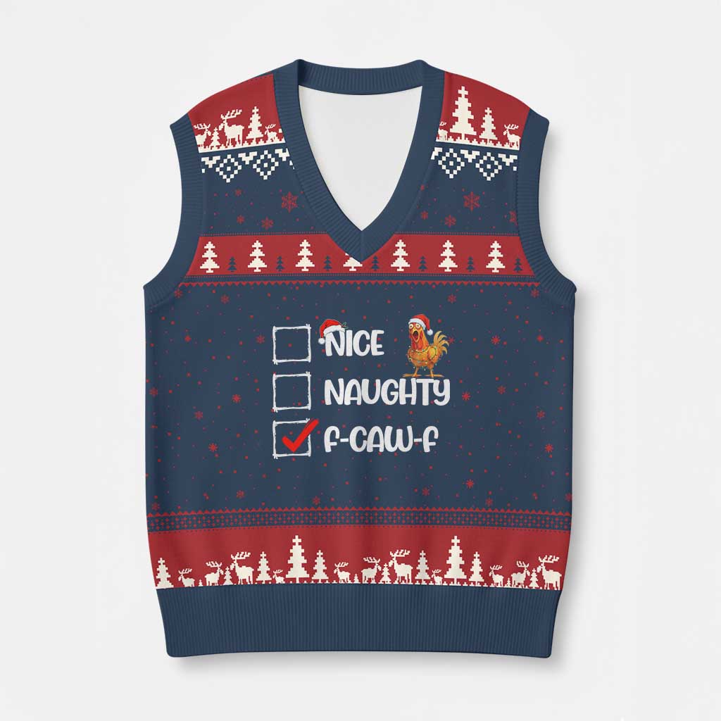 Funny F Caw F Chicken Xmas V-Neck Knit Sweater Vest Nice Naughty Cartoon Rooster Poultry Animal - Wonder Print Shop