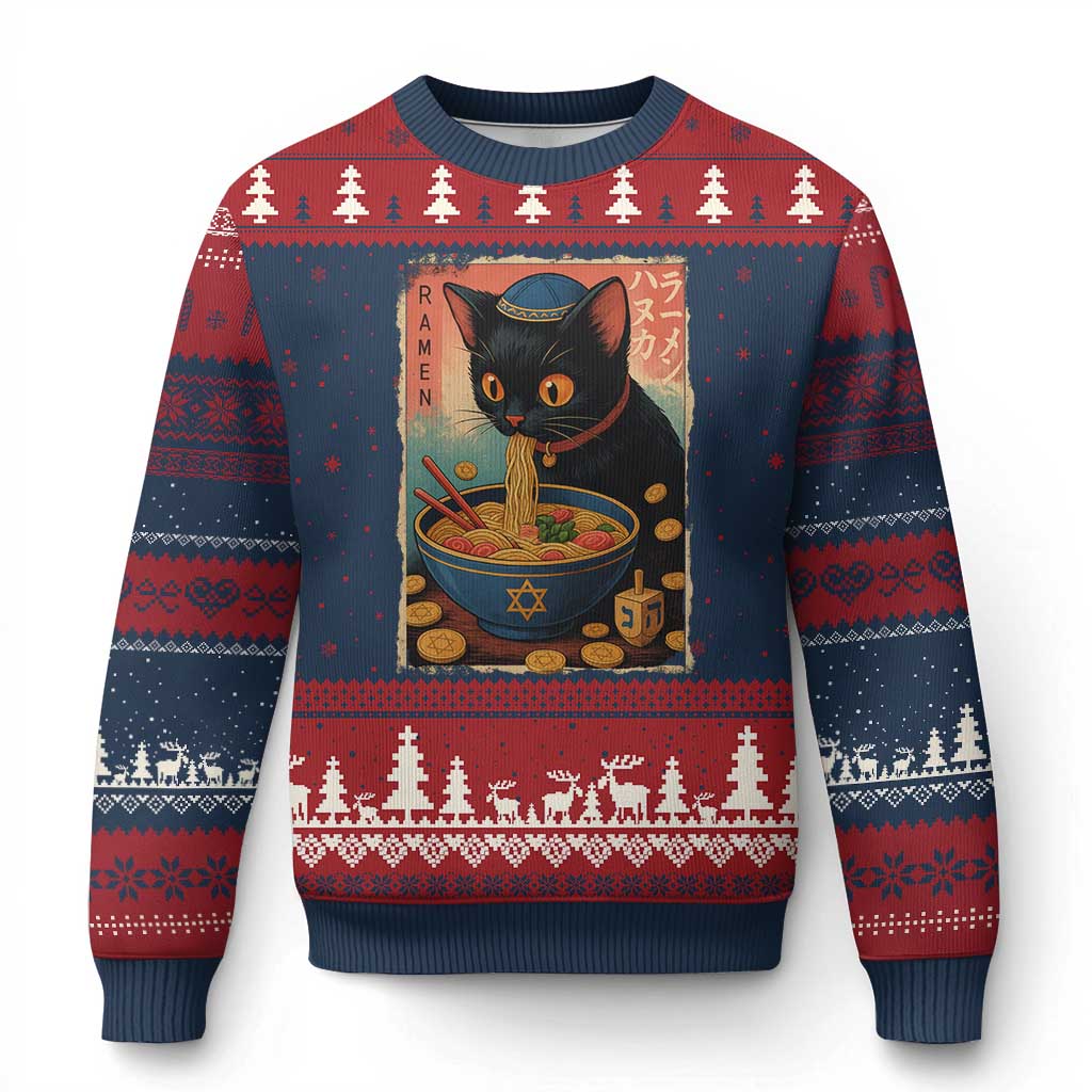 Cat Ramen Hanukkah Ugly Christmas Sweater Japanese Kawaii Anime Chanukah Cat - Wonder Print Shop