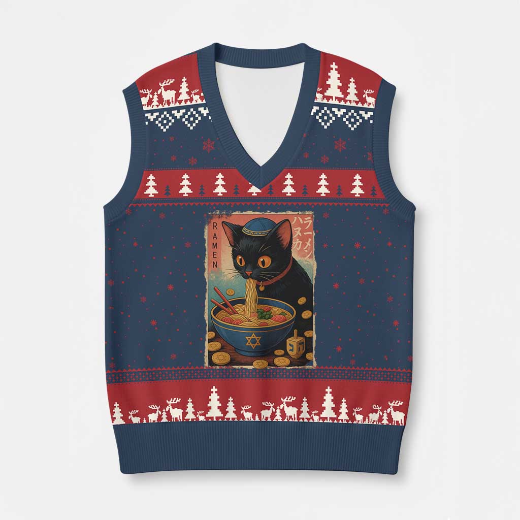 Cat Ramen Hanukkah V-Neck Knit Sweater Vest Japanese Kawaii Anime Chanukah Cat - Wonder Print Shop