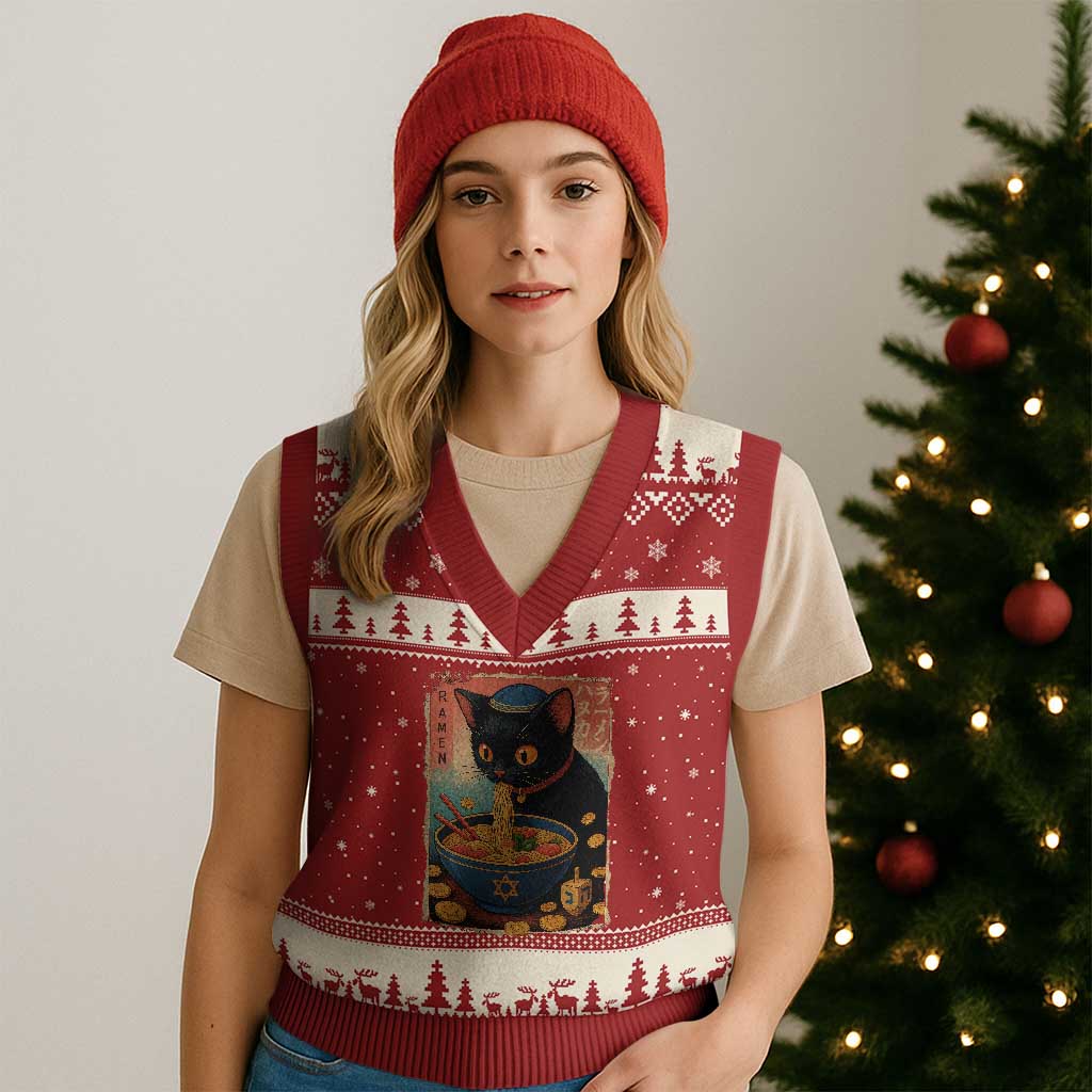 Cat Ramen Hanukkah V-Neck Knit Sweater Vest Japanese Kawaii Anime Chanukah Cat - Wonder Print Shop