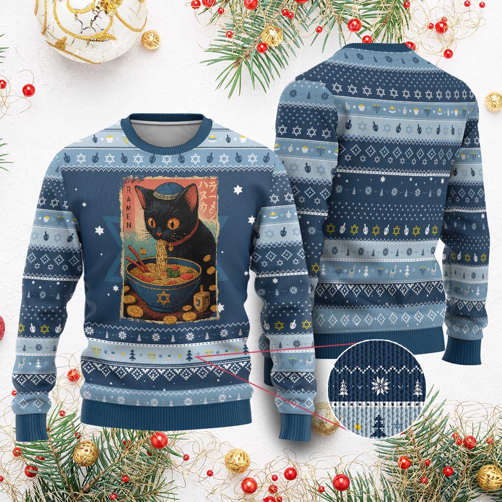 Cat Ramen Chanukah Hanukkah Ugly Sweater Japanese Kawaii Anime Cat - Wonder Print Shop