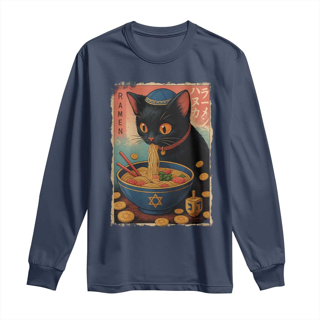 Cat Ramen Hanukkah Long Sleeve Shirt Japanese Kawaii Anime Chanukah Cat - Wonder Print Shop