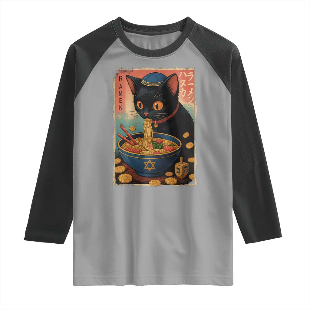 Cat Ramen Hanukkah Raglan Shirt Japanese Kawaii Anime Chanukah Cat - Wonder Print Shop