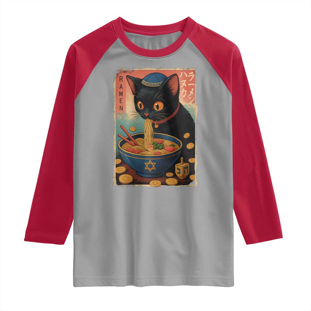 Cat Ramen Hanukkah Raglan Shirt Japanese Kawaii Anime Chanukah Cat - Wonder Print Shop