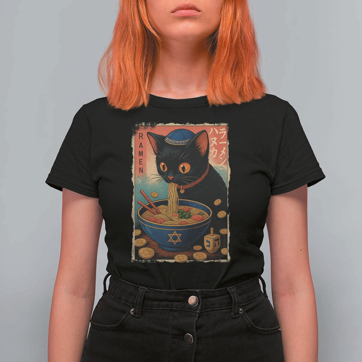Cat Ramen Hanukkah T Shirt For Women Japanese Kawaii Anime Chanukah Cat - Wonder Print Shop