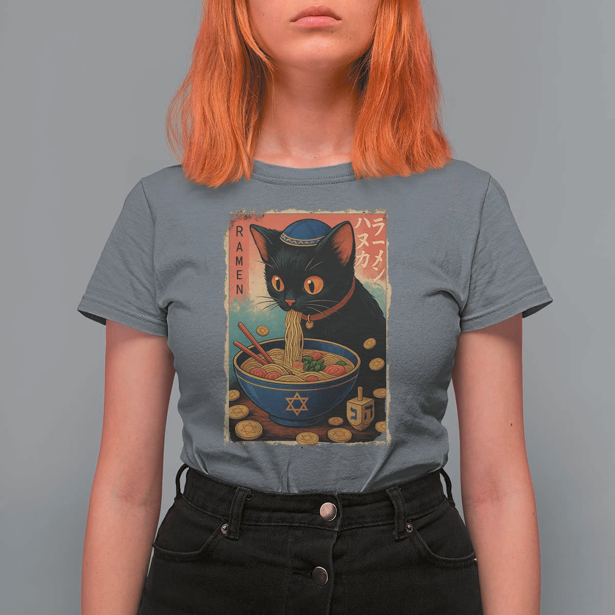Cat Ramen Hanukkah T Shirt For Women Japanese Kawaii Anime Chanukah Cat - Wonder Print Shop