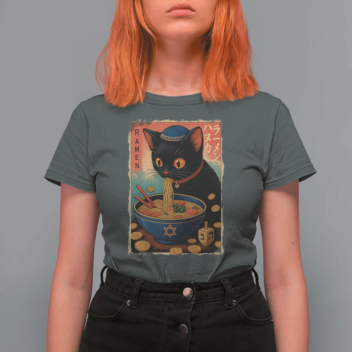 Cat Ramen Hanukkah T Shirt For Women Japanese Kawaii Anime Chanukah Cat - Wonder Print Shop