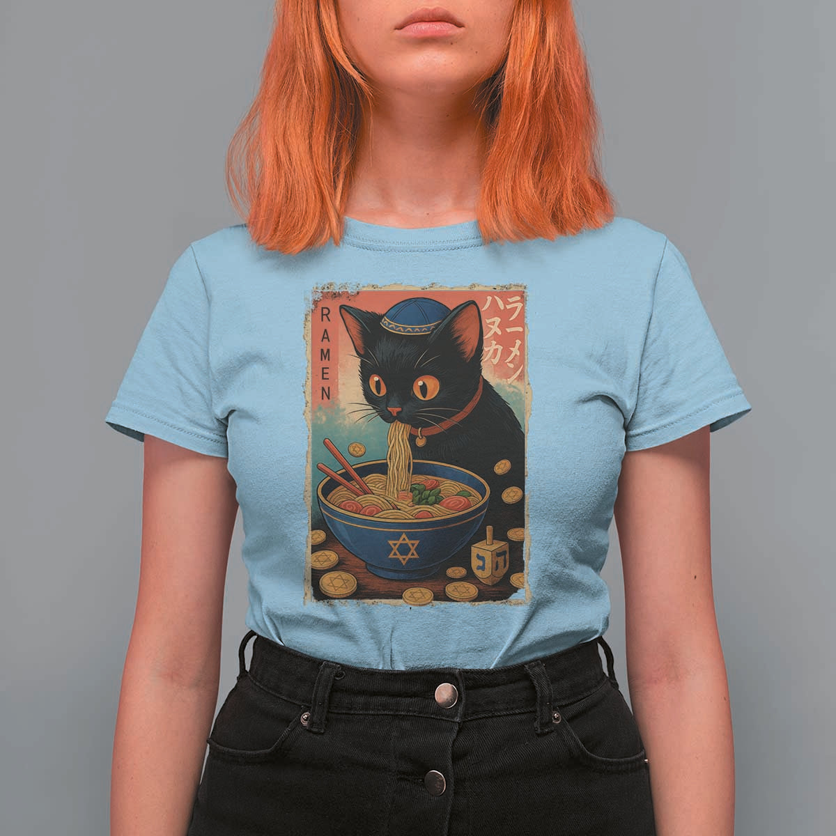 Cat Ramen Hanukkah T Shirt For Women Japanese Kawaii Anime Chanukah Cat - Wonder Print Shop