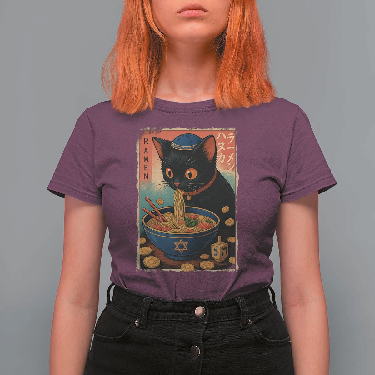 Cat Ramen Hanukkah T Shirt For Women Japanese Kawaii Anime Chanukah Cat - Wonder Print Shop