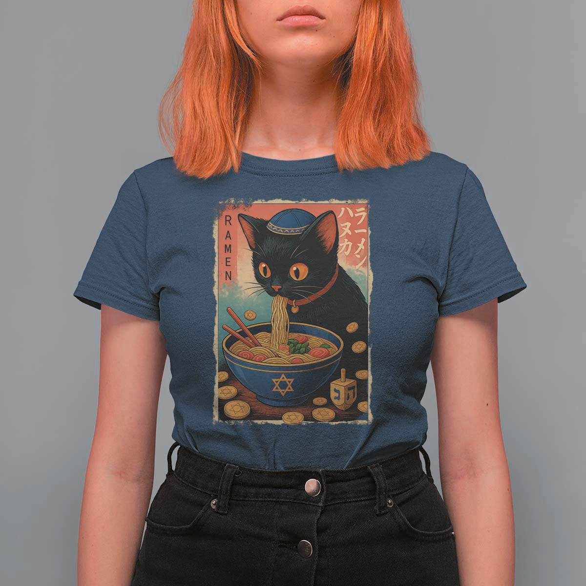 Cat Ramen Hanukkah T Shirt For Women Japanese Kawaii Anime Chanukah Cat - Wonder Print Shop