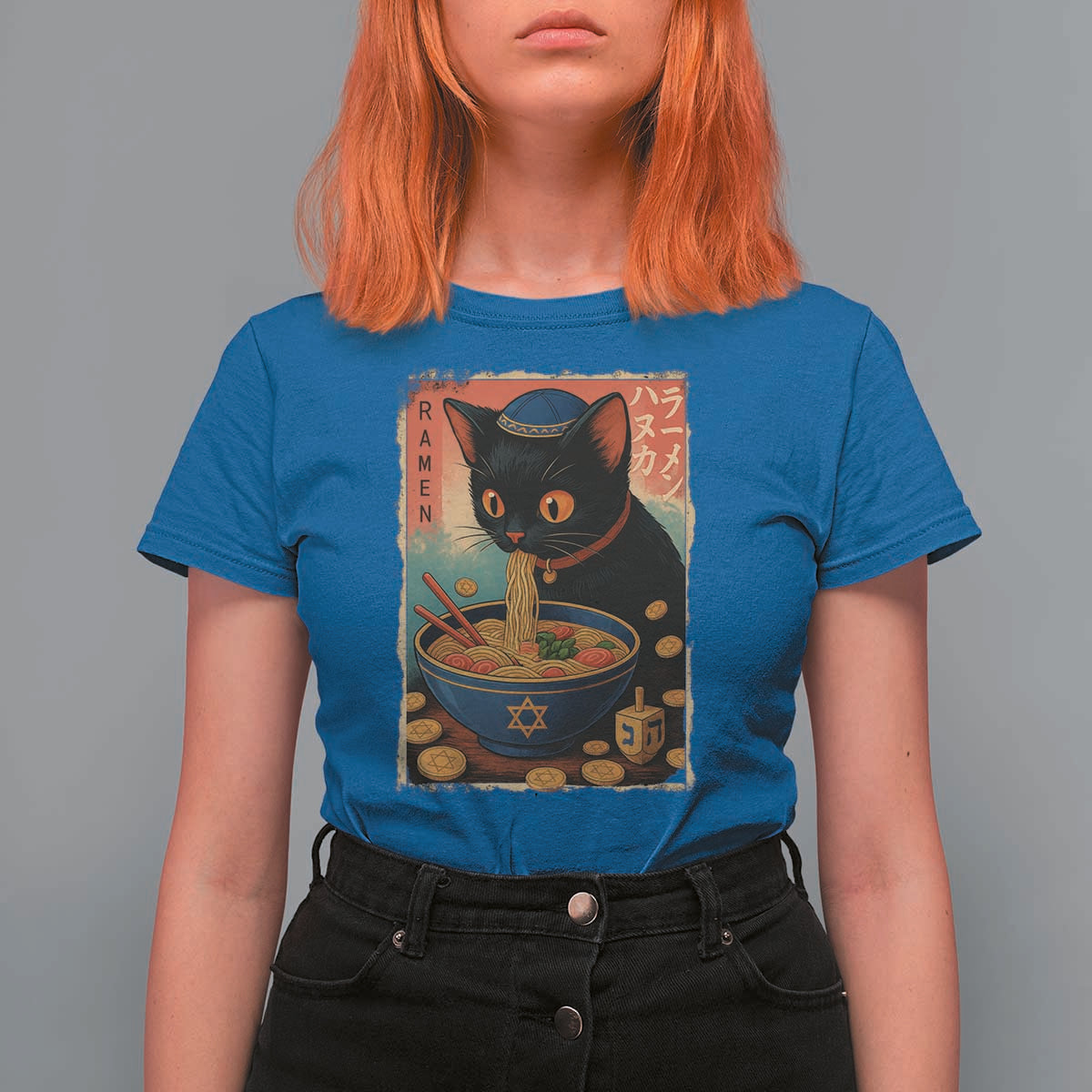 Cat Ramen Hanukkah T Shirt For Women Japanese Kawaii Anime Chanukah Cat - Wonder Print Shop