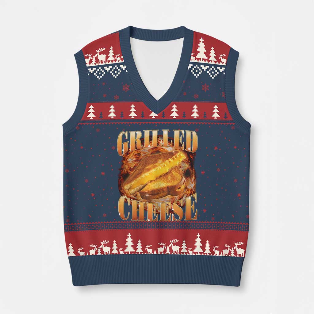 Grilled Cheese V-Neck Knit Sweater Vest Food Lover Funny Gag Weird Meme 90s - Wonder Print Shop