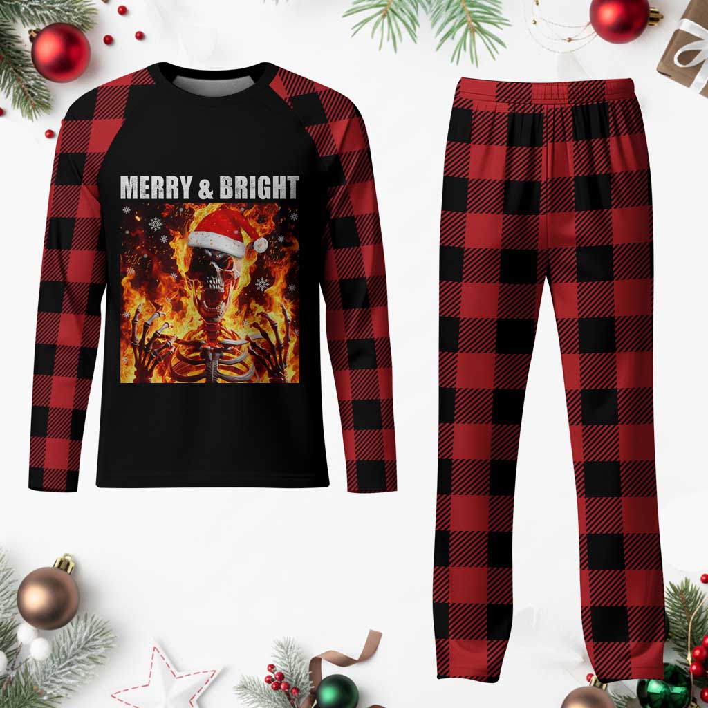 Funny Merry And Bright Plaid Pajama Set Christmas Chaos Xmas Skeleton Fire Flames - Wonder Print Shop