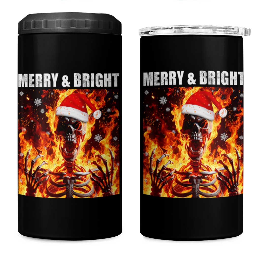 Funny Merry And Bright 4 in 1 Can Cooler Tumbler Christmas Chaos Xmas Skeleton Fire Flames - Wonder Print Shop