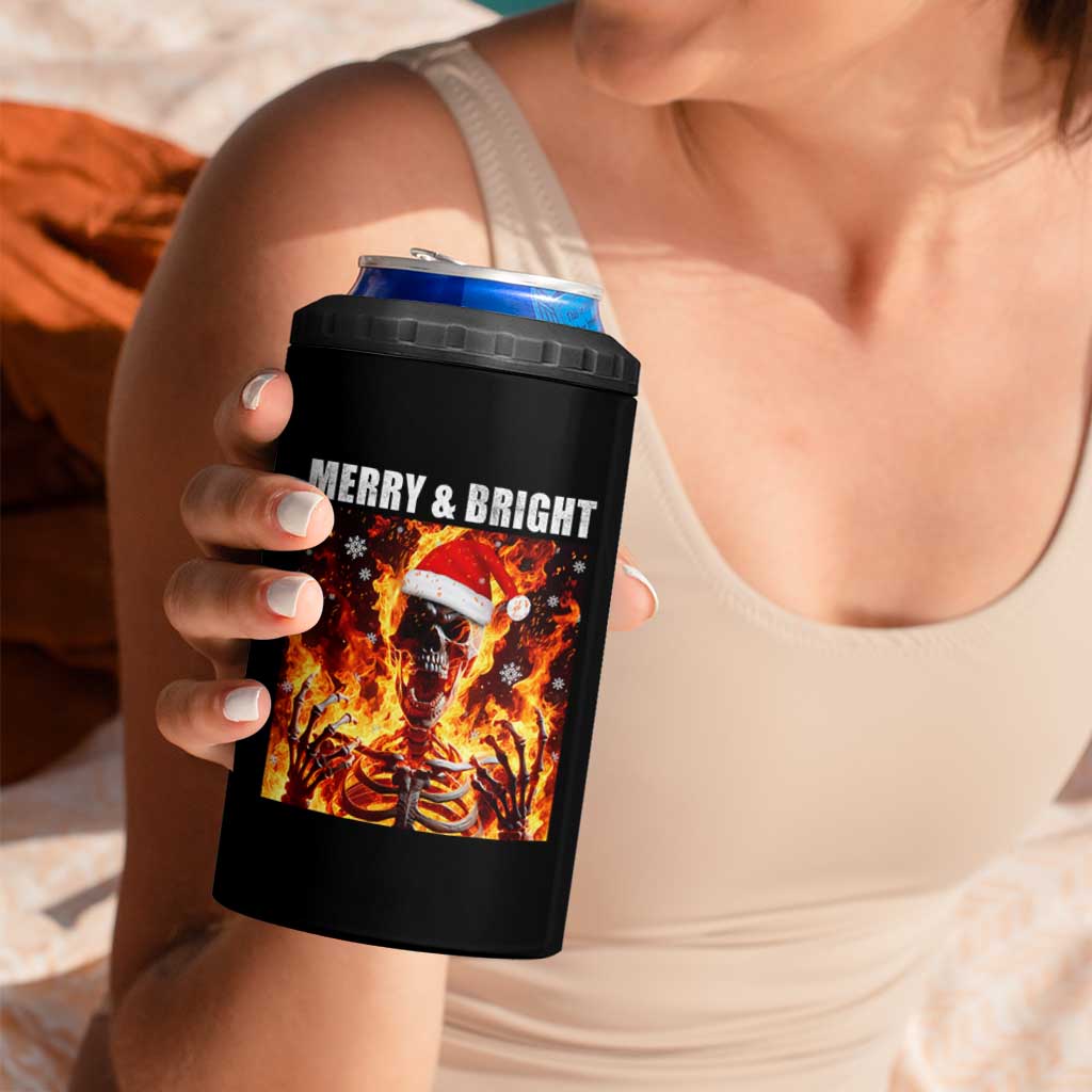 Funny Merry And Bright 4 in 1 Can Cooler Tumbler Christmas Chaos Xmas Skeleton Fire Flames - Wonder Print Shop