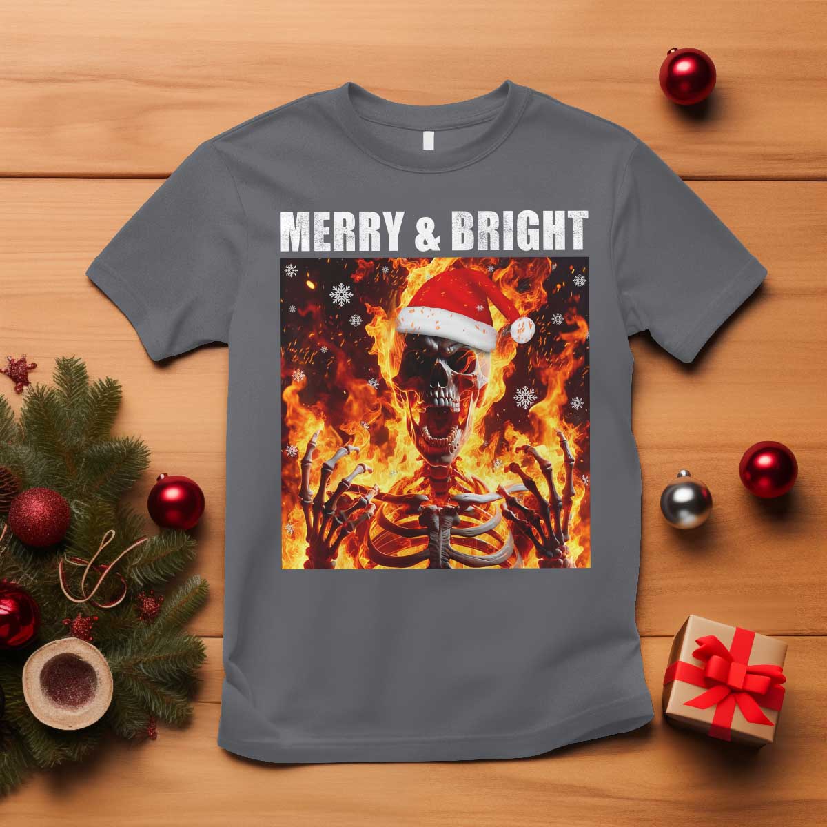 Funny Merry And Bright T Shirt Christmas Chaos Xmas Skeleton Fire Flames - Wonder Print Shop