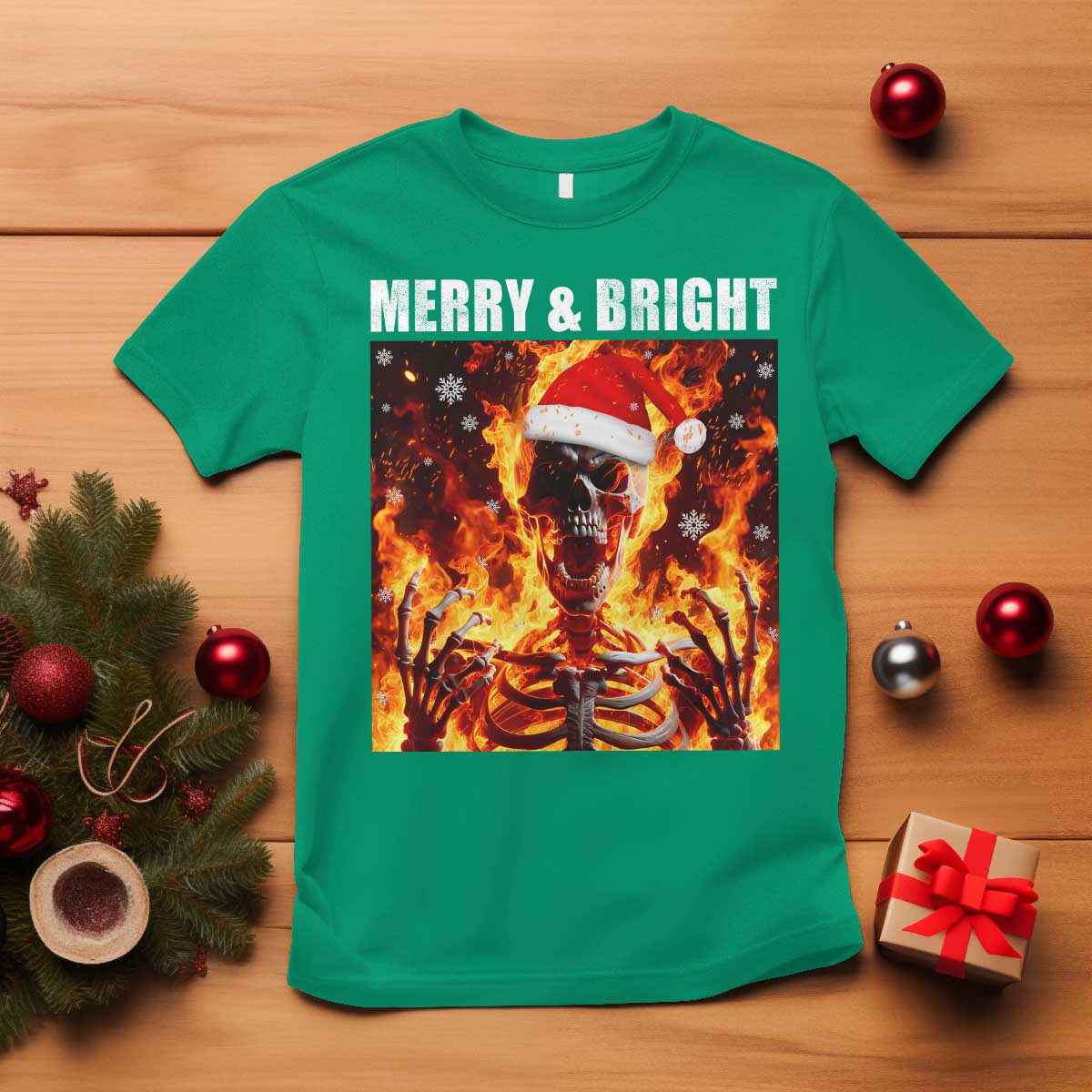 Funny Merry And Bright T Shirt Christmas Chaos Xmas Skeleton Fire Flames - Wonder Print Shop