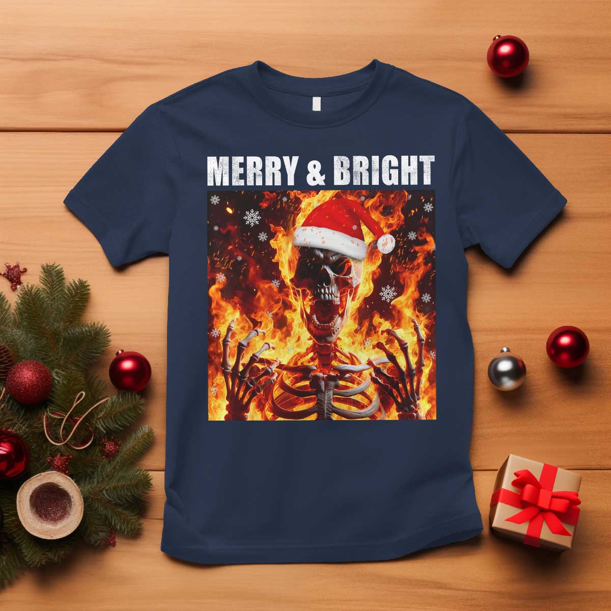 Funny Merry And Bright T Shirt Christmas Chaos Xmas Skeleton Fire Flames - Wonder Print Shop