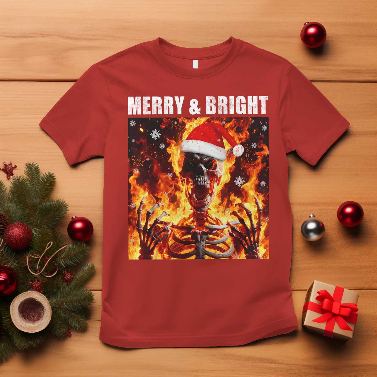 Funny Merry And Bright T Shirt Christmas Chaos Xmas Skeleton Fire Flames - Wonder Print Shop