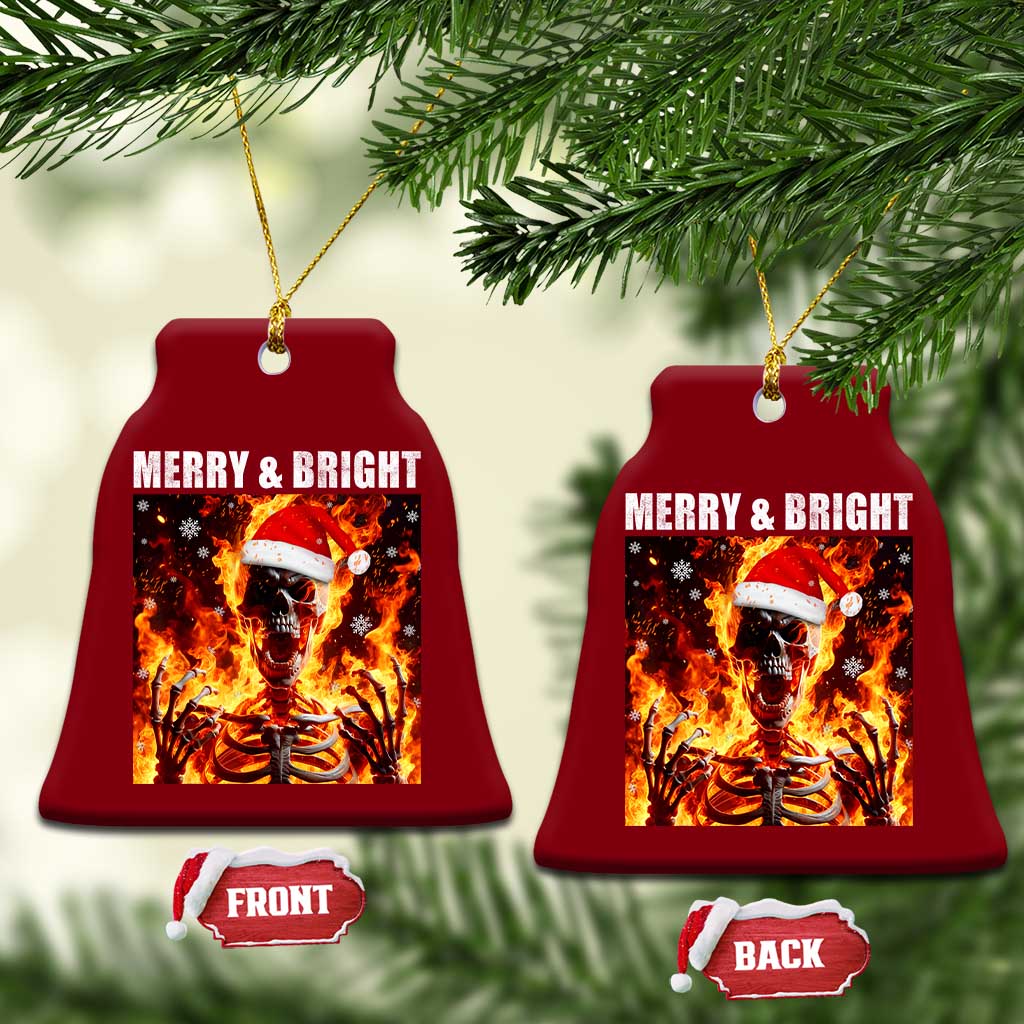 Funny Merry And Bright Ceramic Ornament Christmas Chaos Xmas Skeleton Fire Flames - Wonder Print Shop