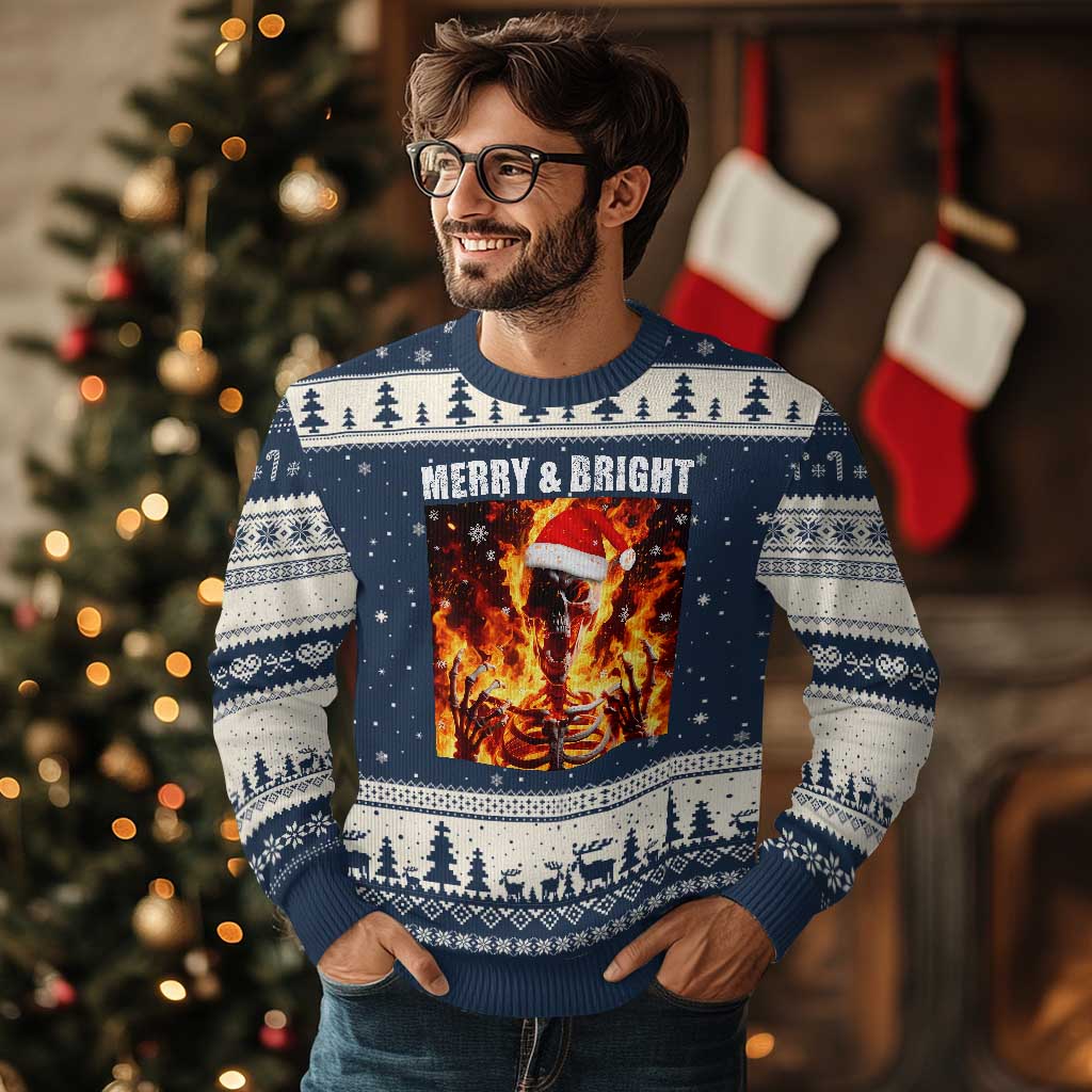 Funny Merry And Bright Ugly Christmas Sweater Christmas Chaos Xmas Skeleton Fire Flames - Wonder Print Shop