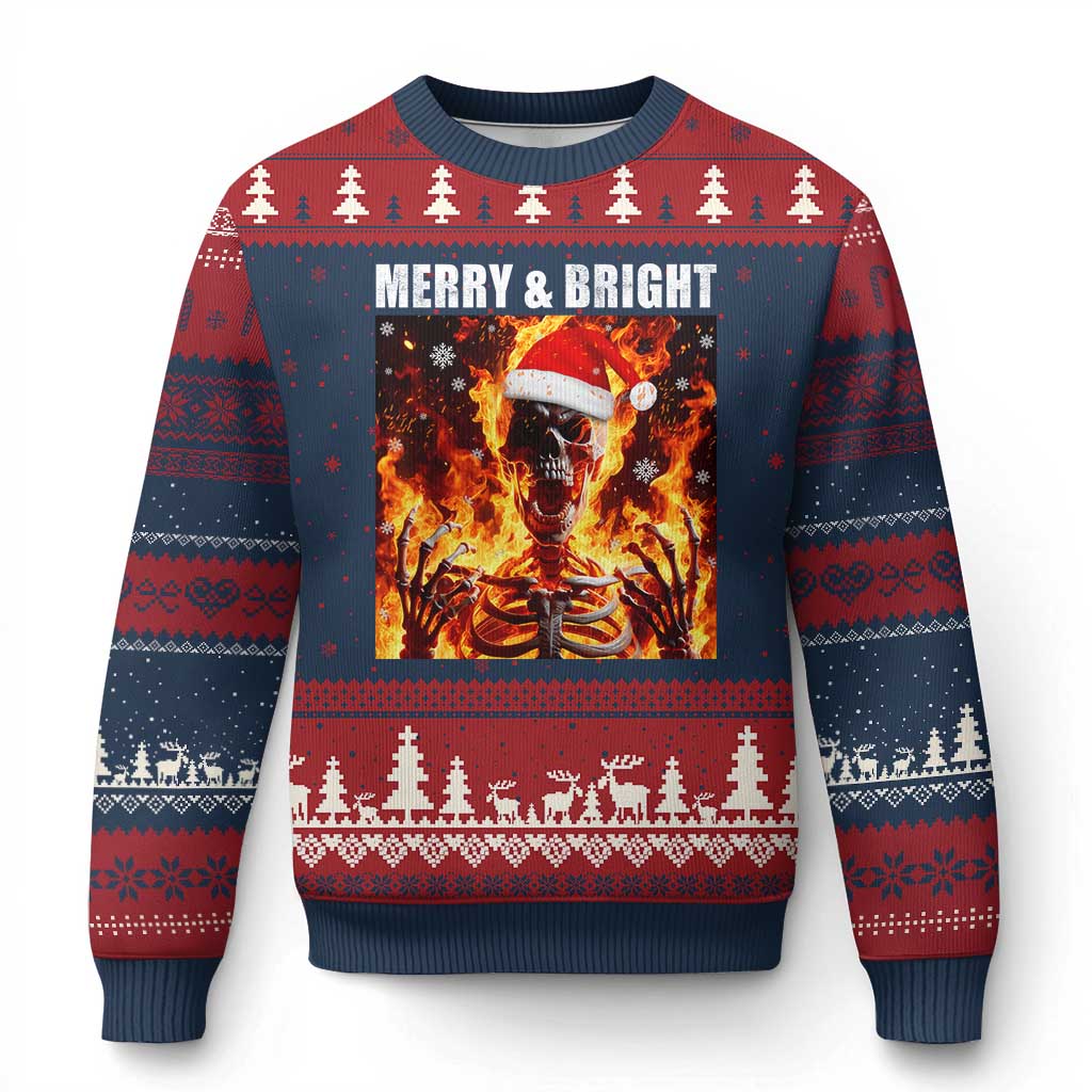 Funny Merry And Bright Ugly Christmas Sweater Christmas Chaos Xmas Skeleton Fire Flames - Wonder Print Shop