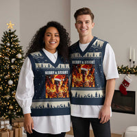 Funny Merry And Bright V-Neck Knit Sweater Vest Christmas Chaos Xmas Skeleton Fire Flames - Wonder Print Shop