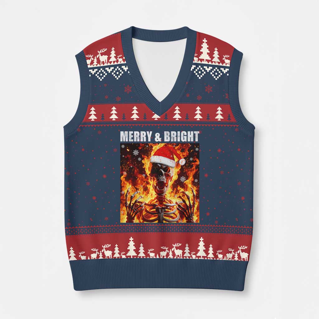 Funny Merry And Bright V-Neck Knit Sweater Vest Christmas Chaos Xmas Skeleton Fire Flames - Wonder Print Shop