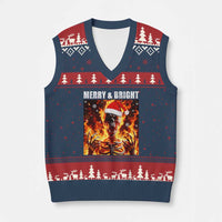 Funny Merry And Bright V-Neck Knit Sweater Vest Christmas Chaos Xmas Skeleton Fire Flames - Wonder Print Shop