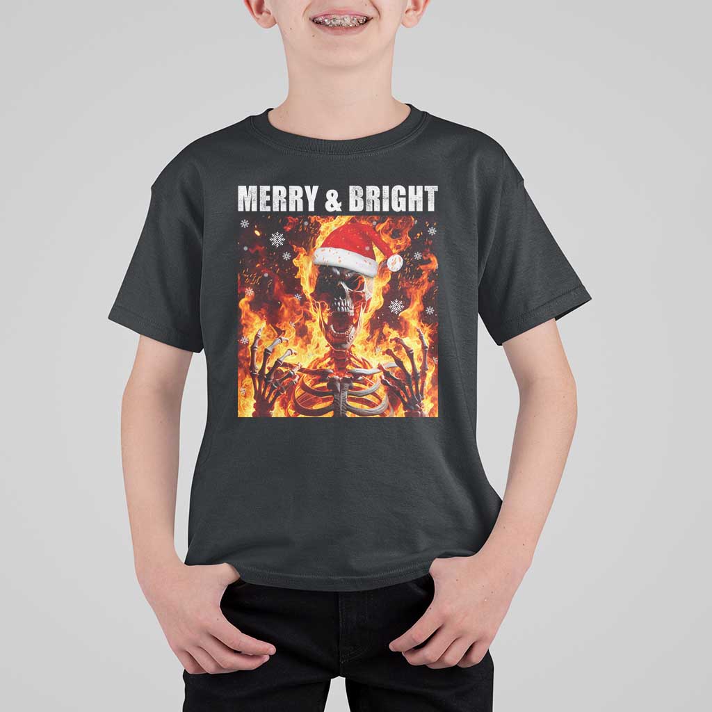 Funny Merry And Bright T Shirt For Kid Christmas Chaos Xmas Skeleton Fire Flames - Wonder Print Shop