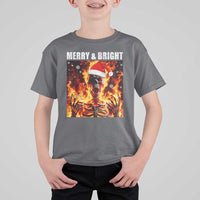 Funny Merry And Bright T Shirt For Kid Christmas Chaos Xmas Skeleton Fire Flames - Wonder Print Shop