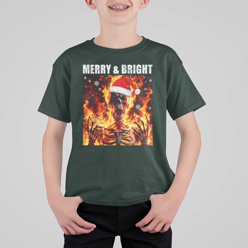 Funny Merry And Bright T Shirt For Kid Christmas Chaos Xmas Skeleton Fire Flames - Wonder Print Shop