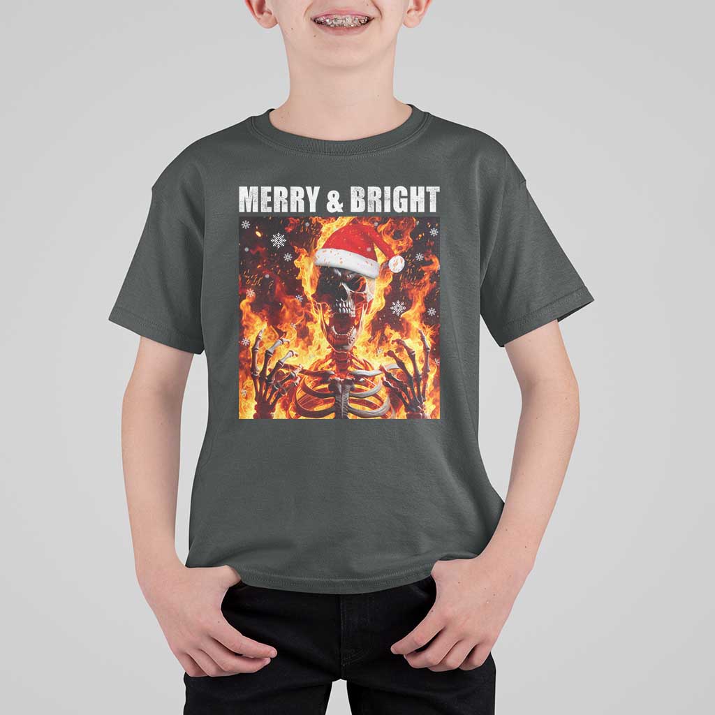 Funny Merry And Bright T Shirt For Kid Christmas Chaos Xmas Skeleton Fire Flames - Wonder Print Shop
