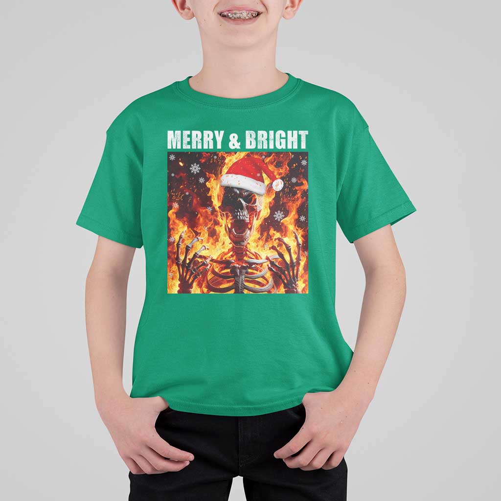 Funny Merry And Bright T Shirt For Kid Christmas Chaos Xmas Skeleton Fire Flames - Wonder Print Shop