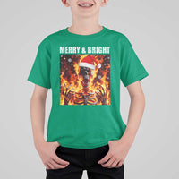 Funny Merry And Bright T Shirt For Kid Christmas Chaos Xmas Skeleton Fire Flames - Wonder Print Shop