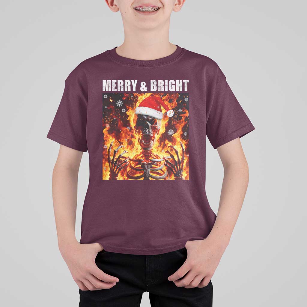 Funny Merry And Bright T Shirt For Kid Christmas Chaos Xmas Skeleton Fire Flames - Wonder Print Shop
