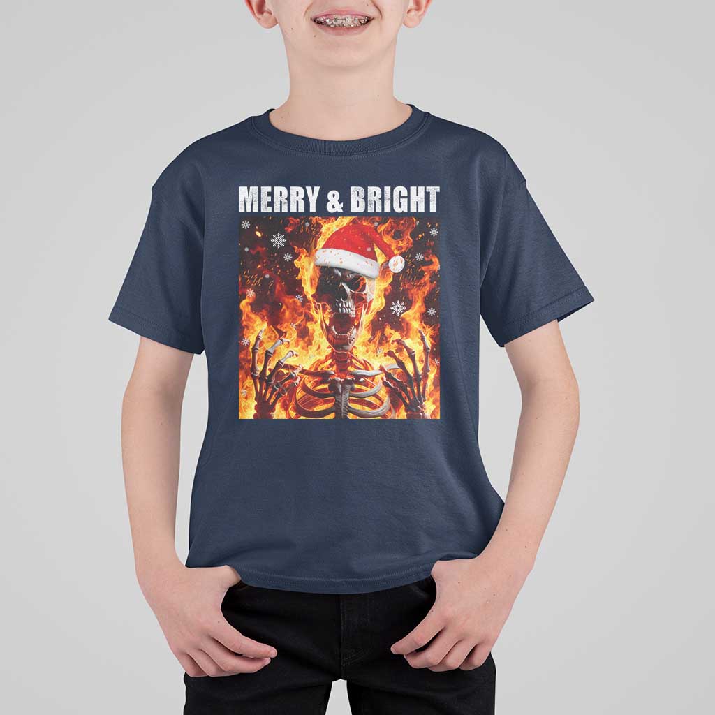Funny Merry And Bright T Shirt For Kid Christmas Chaos Xmas Skeleton Fire Flames - Wonder Print Shop